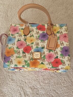 Dooney & Bourke Floral Multicolor Coated Canvas Satchel with Tan Leather Handles